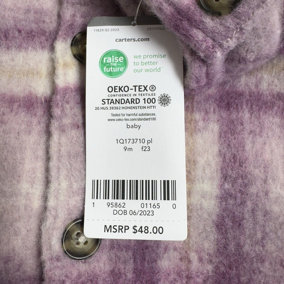 Carter's Plaid Sherpa Lined Shacket Girls Size 9 Months Purple Lavender - Picture 7 of 8